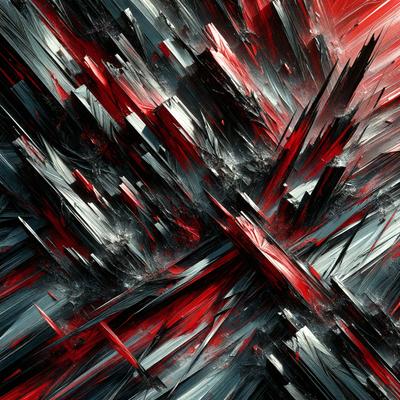 The primary subject of the image is a close-up of a red and black abstract art piece. The setting is a black and red background, which adds to the visual style. The artwork appears to be a digital illustration or a pattern, with a mix of red and black colors that create a bold and striking atmosphere.